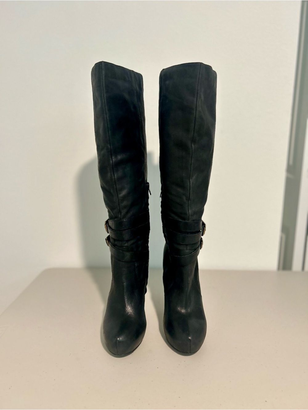 Y2K ALDO Women’s Black Knee High Boots Zip Leather Round Toe Buckle Strap US 9